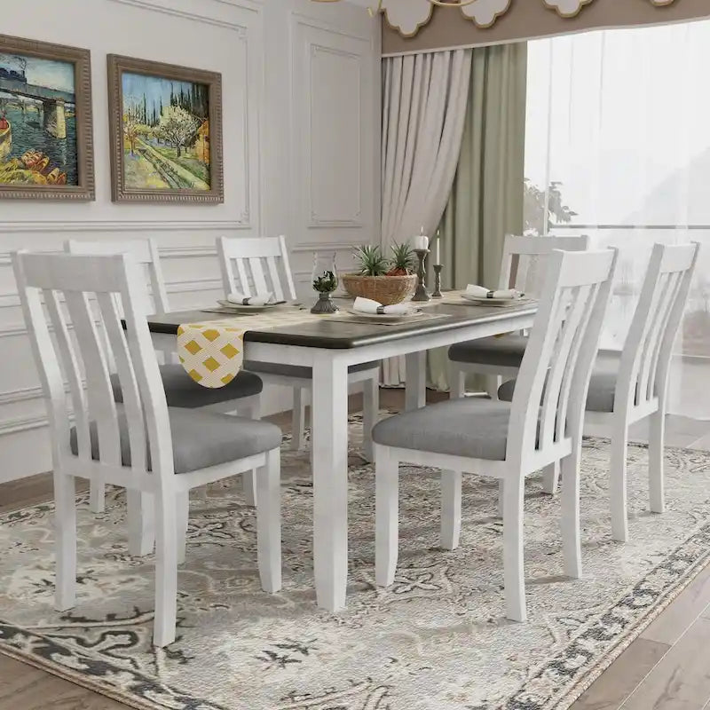 Retro Style 7-Piece Dining Table Set with Extendable Table and 6 Upholstered Chairs (Antique Brown+White)
