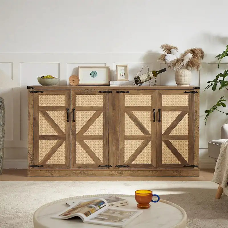 65-Inch Slate Gray Faux Rattan Sideboard with Barn Doors Rustic Sideboard,4-Door Storage for Living Room,Entryway,Dining Room