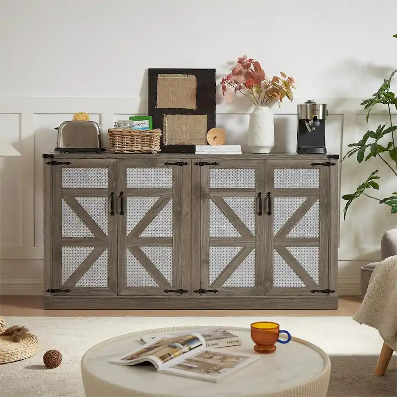65-Inch Slate Gray Faux Rattan Sideboard with Barn Doors Rustic Sideboard,4-Door Storage for Living Room,Entryway,Dining Room