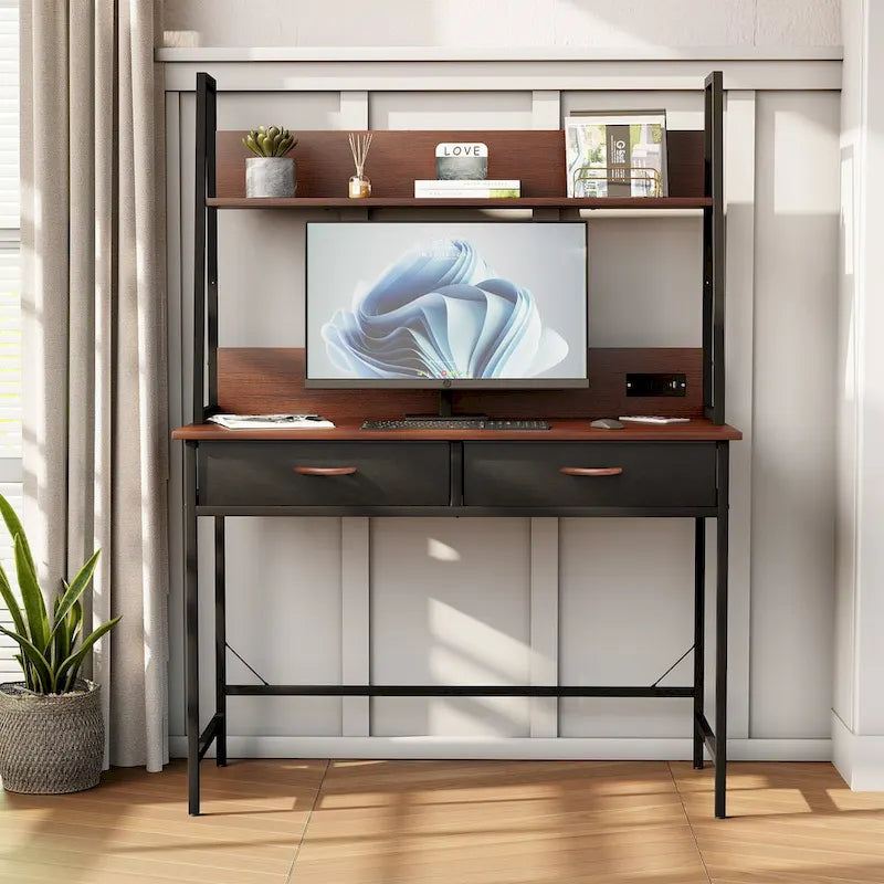 Computer Desk Writing Table w/ Power Outlets, Drawers and Storage Shelf, Workstation for Home Office