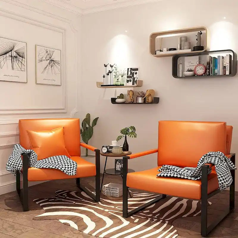 Modern Orange PU Leather Arm Chair with Extra-Thick Padded Back Cushion, Single Sofa Accent Chair for Living Room