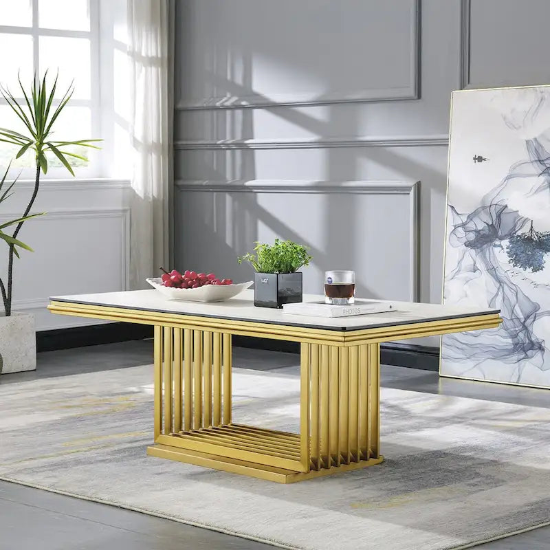 Luxurious 50 inch Glass Coffee Table with Brushed Gold Stainless Steel Base