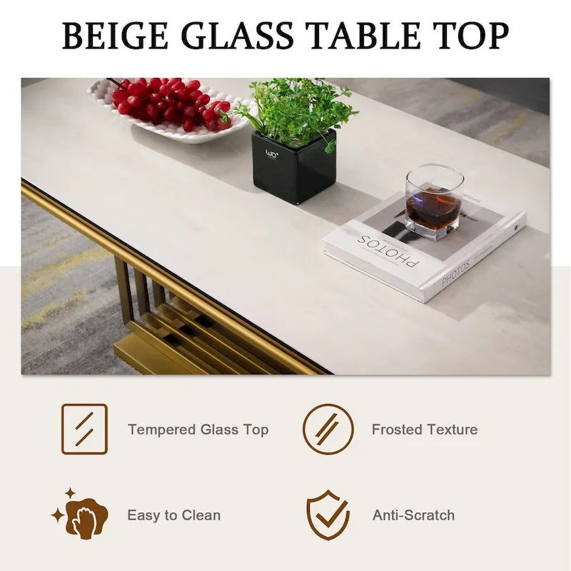 Luxurious 50 inch Glass Coffee Table with Brushed Gold Stainless Steel Base