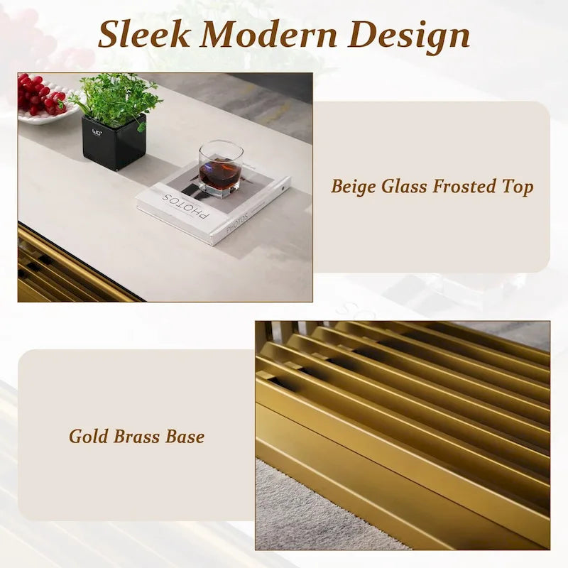 Luxurious 50 inch Glass Coffee Table with Brushed Gold Stainless Steel Base