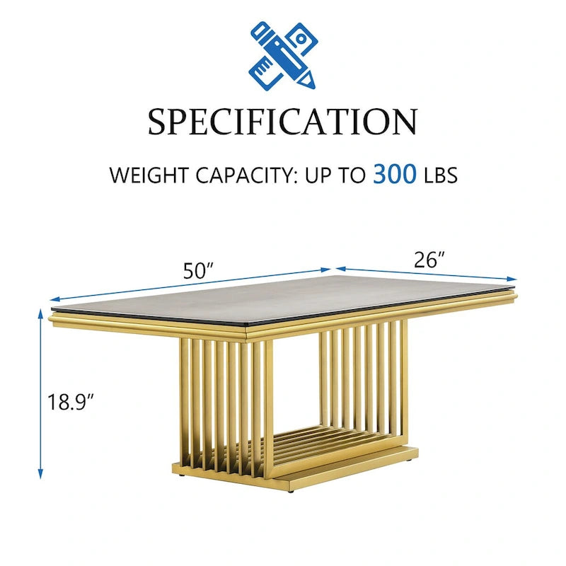 Luxurious 50 inch Glass Coffee Table with Brushed Gold Stainless Steel Base