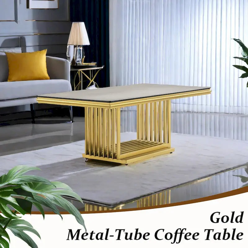 Luxurious 50 inch Glass Coffee Table with Brushed Gold Stainless Steel Base