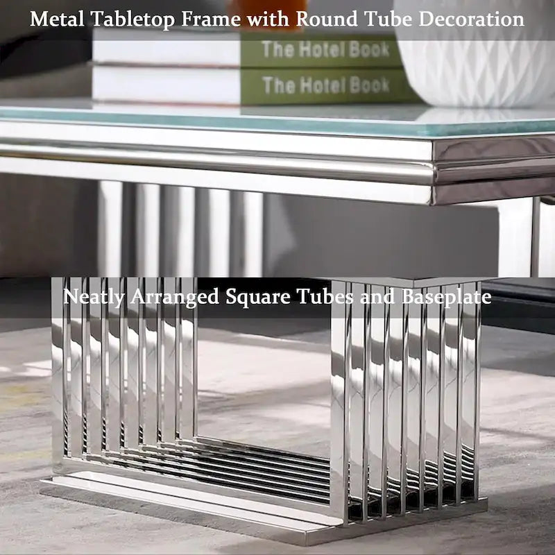 Luxurious 50 inch Glass Coffee Table with Brushed Gold Stainless Steel Base