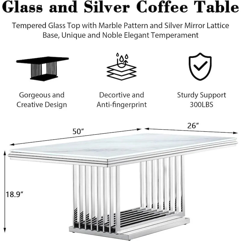 Luxurious 50 inch Glass Coffee Table with Brushed Gold Stainless Steel Base