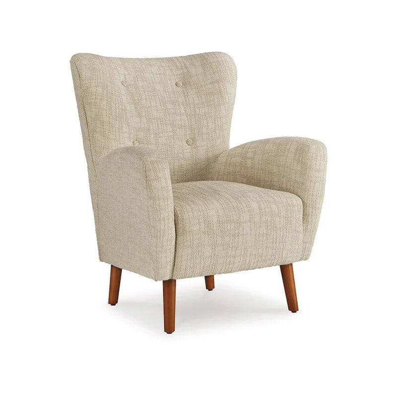 Sonie Accent Chair, Beige Polyester, Soft Cushions, Tapered Brown Wood Legs