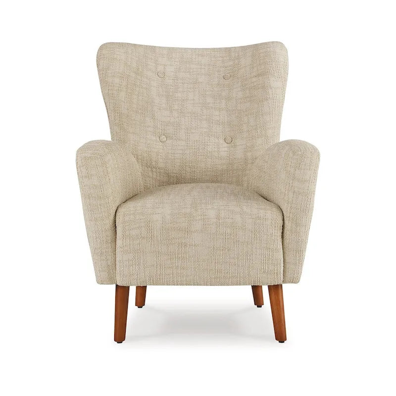 Sonie Accent Chair, Beige Polyester, Soft Cushions, Tapered Brown Wood Legs