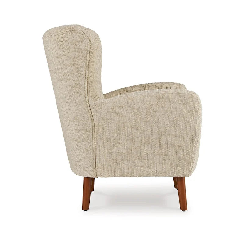 Sonie Accent Chair, Beige Polyester, Soft Cushions, Tapered Brown Wood Legs