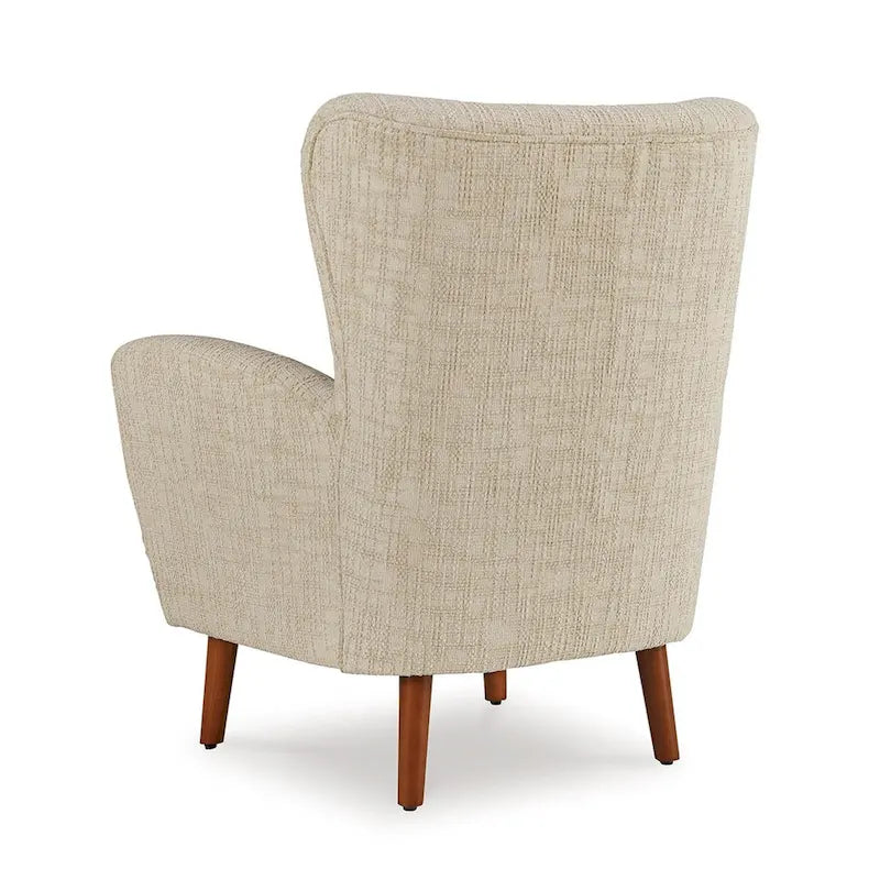 Sonie Accent Chair, Beige Polyester, Soft Cushions, Tapered Brown Wood Legs