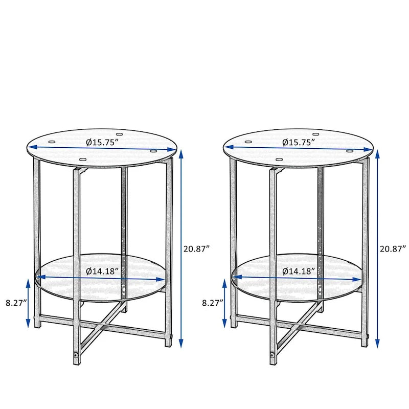 2-piece set,Tempered Glass End Table, Round Coffee Table for Bedroom Living Room Office