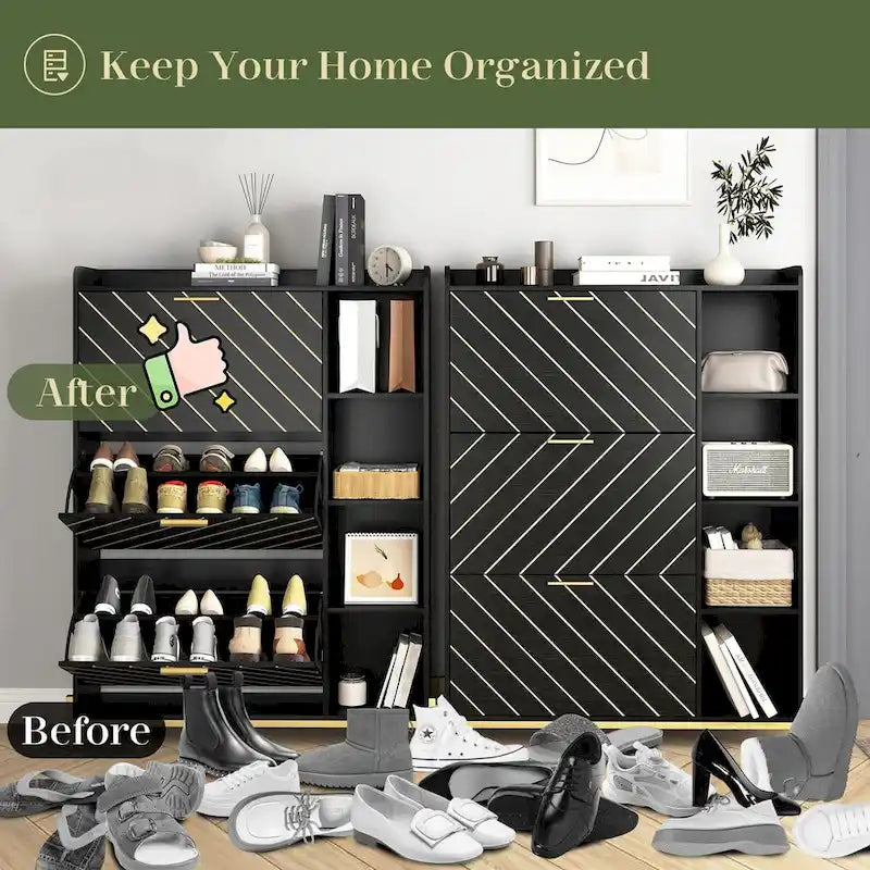 Shoe Cabinet with 3 Flip Drawers & Open Shelves, Entryway Shoe Storage Cabinet Slim, Narrow Hidden Shoe Rack for Heels, Boots