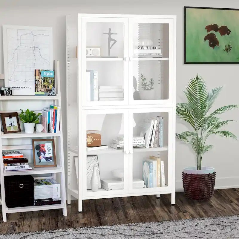 Four Glass Door Storage Cabinet with Adjustable Shelves and Feet Cold-Rolled Steel Sideboard Furniture