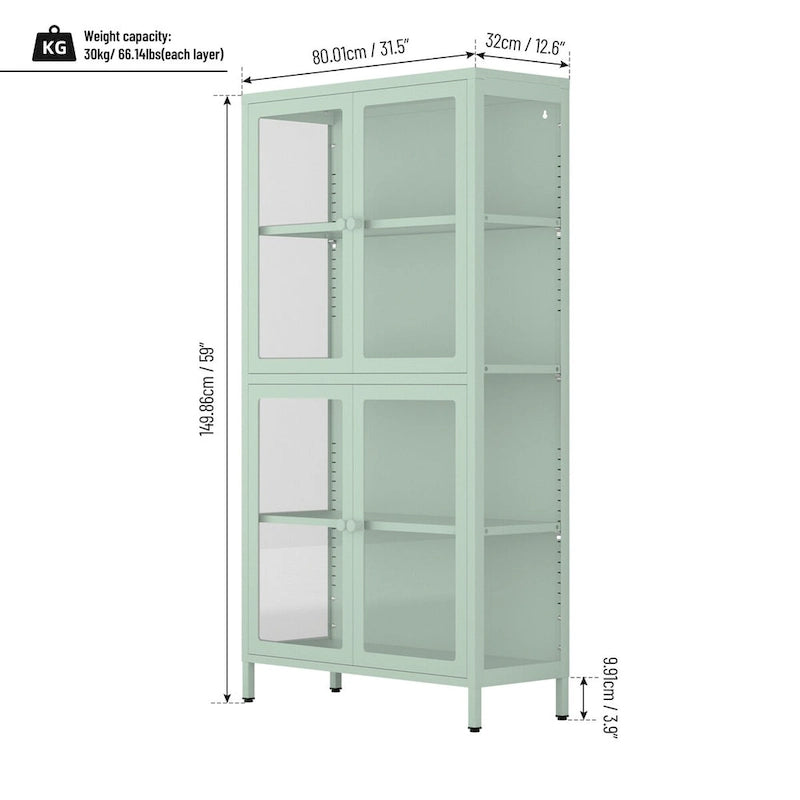 Four Glass Door Storage Cabinet with Adjustable Shelves and Feet Cold-Rolled Steel Sideboard Furniture