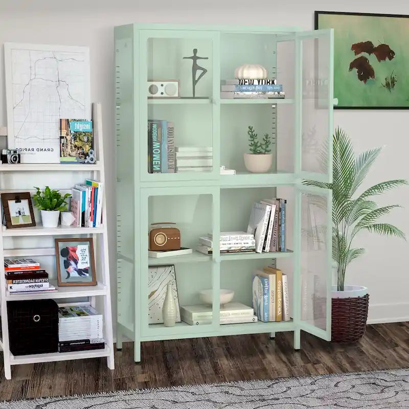 Four Glass Door Storage Cabinet with Adjustable Shelves and Feet Cold-Rolled Steel Sideboard Furniture