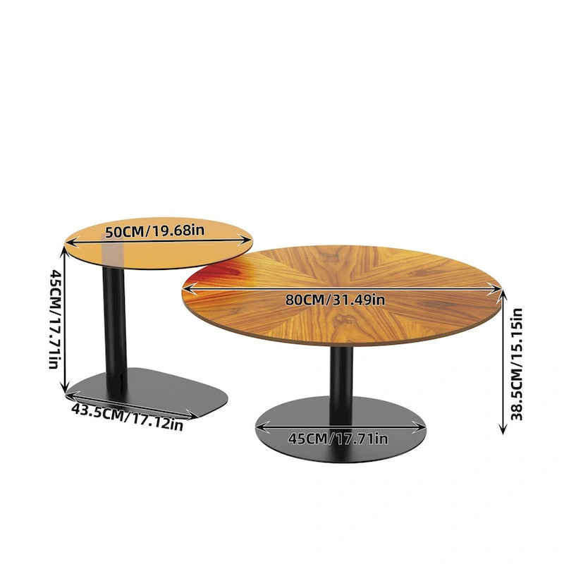 Set of 2 Modern Stacking Round Coffee Table Side Table Set with Slate Glass Top