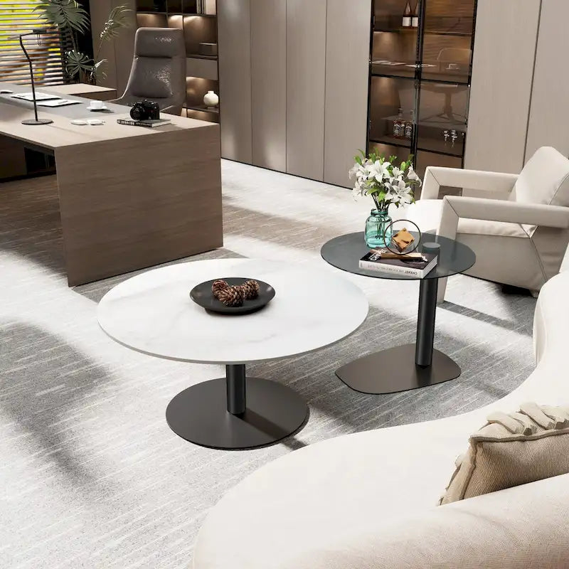 Set of 2 Modern Stacking Round Coffee Table Side Table Set with Slate Glass Top