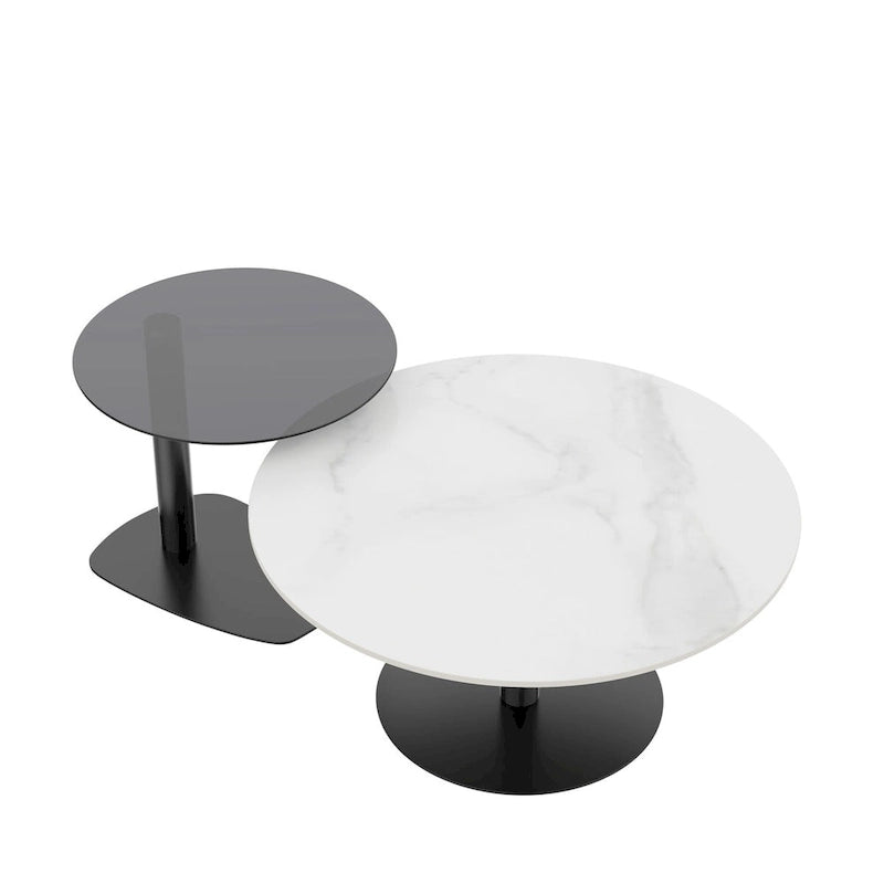Set of 2 Modern Stacking Round Coffee Table Side Table Set with Slate Glass Top