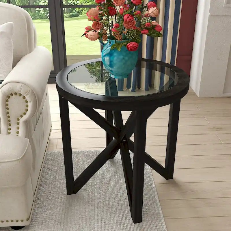 Tempered Glass Coffee Table Solid Wood Base Round Transparent Glass Top