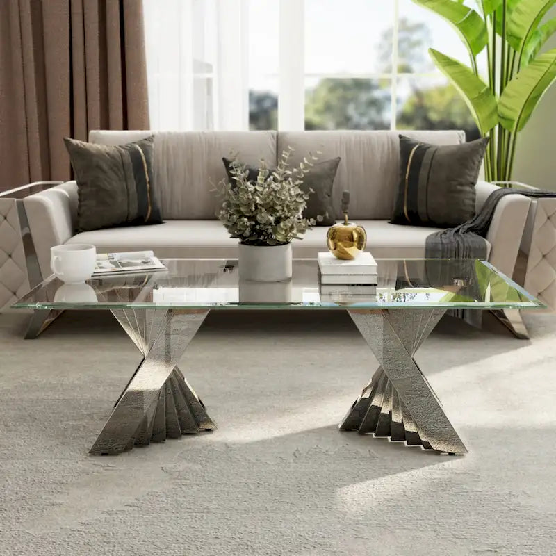 Clear Tempered Glass Coffee Table with Silver Stainless Steel Base for Living Room