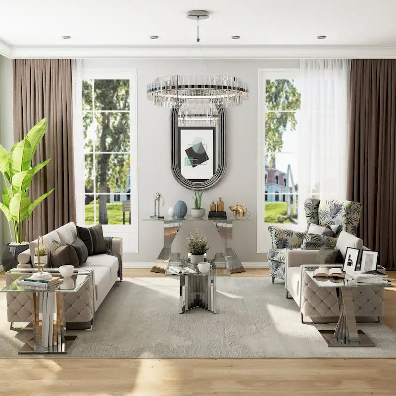 Clear Tempered Glass Coffee Table with Silver Stainless Steel Base for Living Room