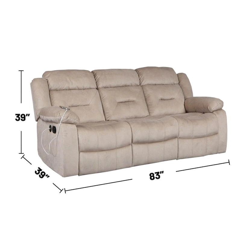 Velvet Upholstered Manual Motion Recliner Sofa with USB Port