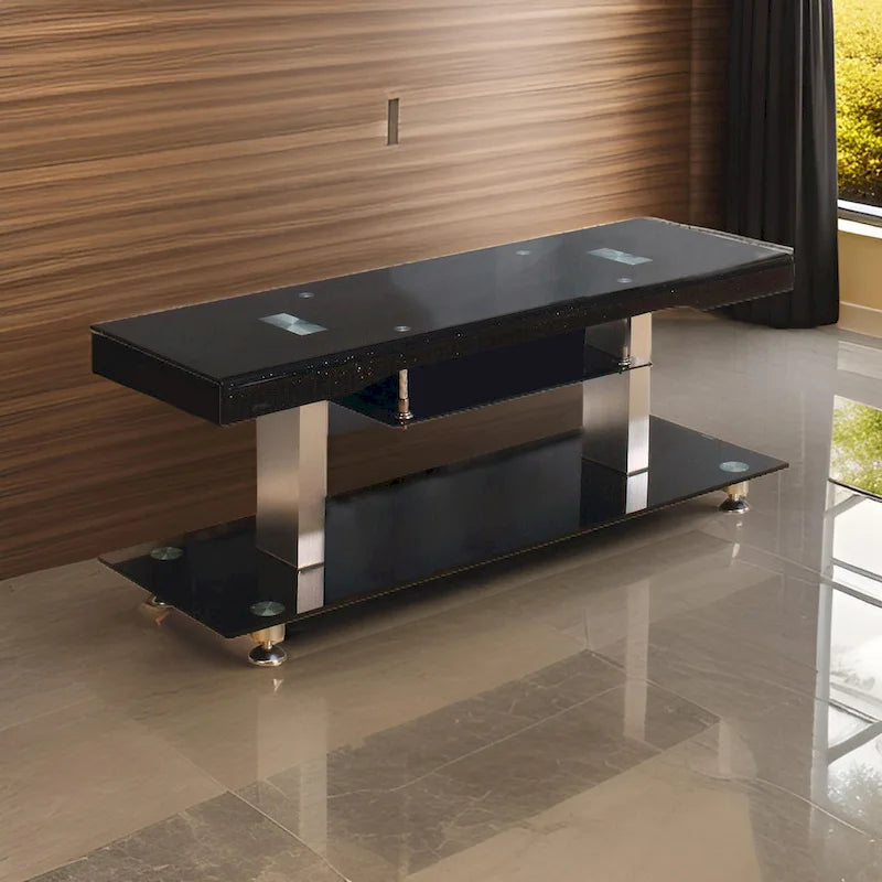 60 Inch TV Entertainment Console, Long Glass Media Shelf, Chrome Accents