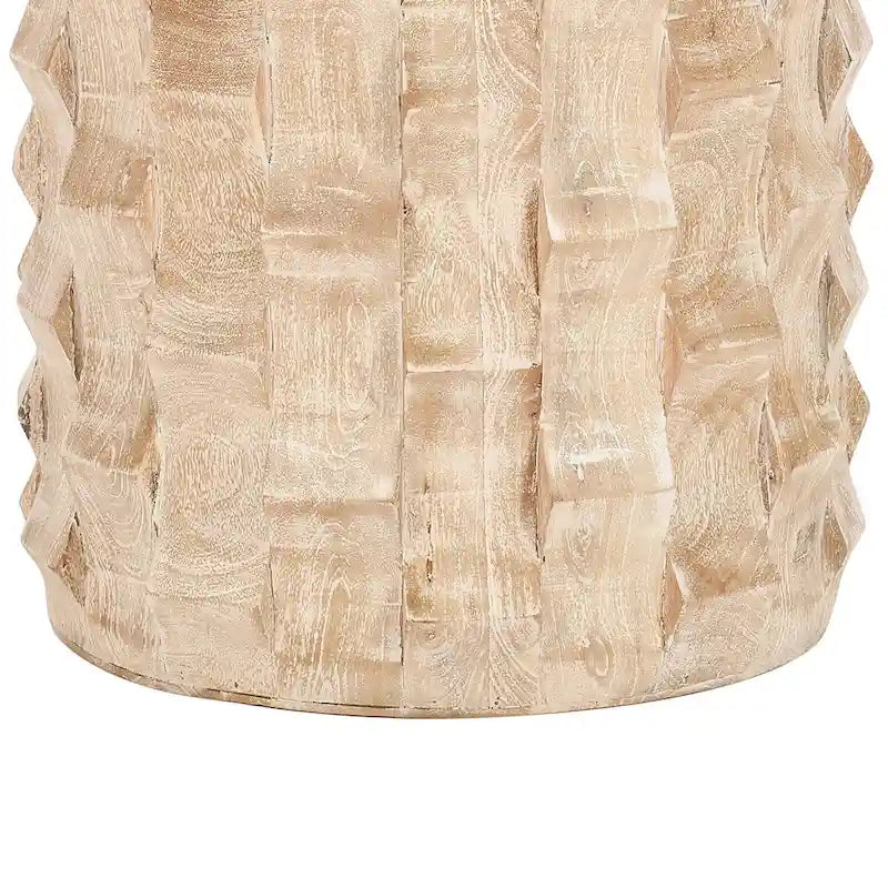 20 Inch Side End Table, Round Drum Shape with 3D Textured Design, Distressed White Finish