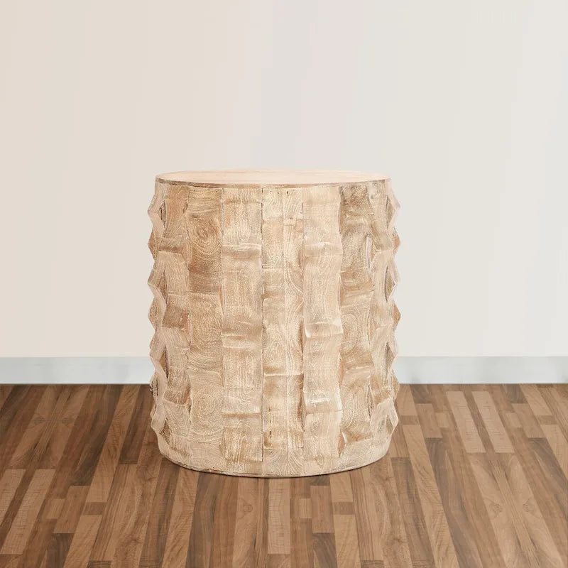 20 Inch Side End Table, Round Drum Shape with 3D Textured Design, Distressed White Finish