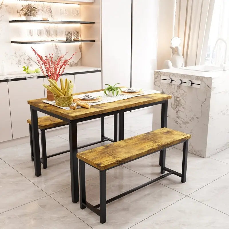 Dining Table Set with Bench, 3 Pieces Dining Furniture Set Kitchen Table Set for Kitchen, Dining Room, Living Room