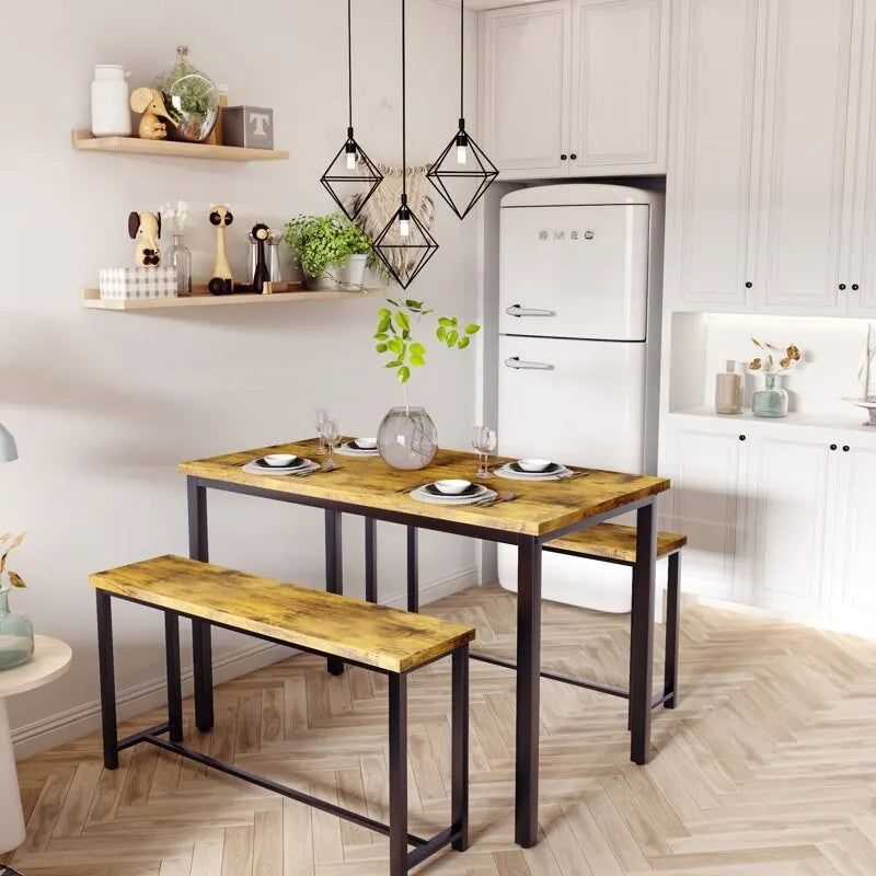 Dining Table Set with Bench, 3 Pieces Dining Furniture Set Kitchen Table Set for Kitchen, Dining Room, Living Room