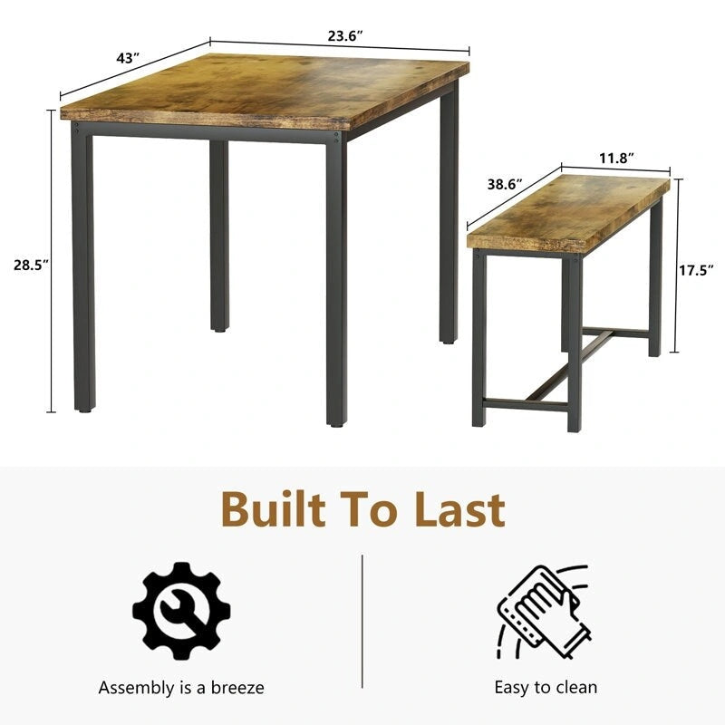 Dining Table Set with Bench, 3 Pieces Dining Furniture Set Kitchen Table Set for Kitchen, Dining Room, Living Room