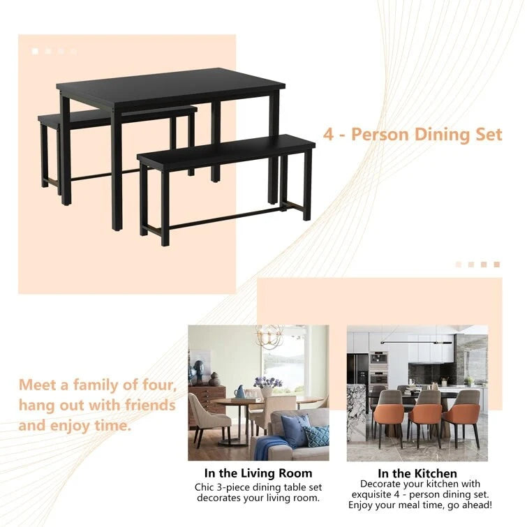 Dining Table Set with Bench, 3 Pieces Dining Furniture Set Kitchen Table Set for Kitchen, Dining Room, Living Room