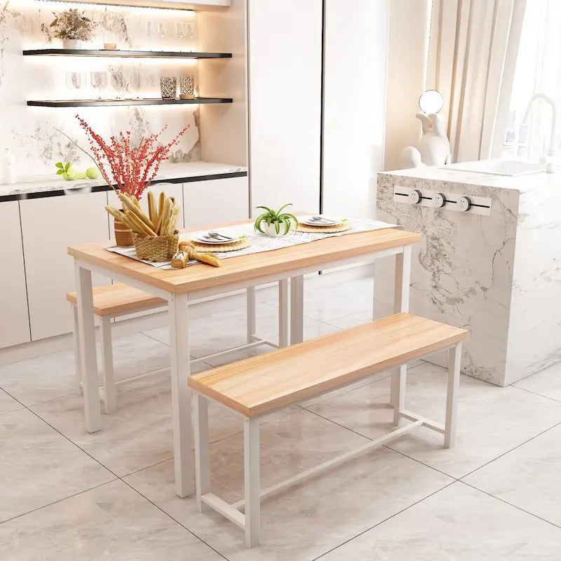 Dining Table Set with Bench, 3 Pieces Dining Furniture Set Kitchen Table Set for Kitchen, Dining Room, Living Room