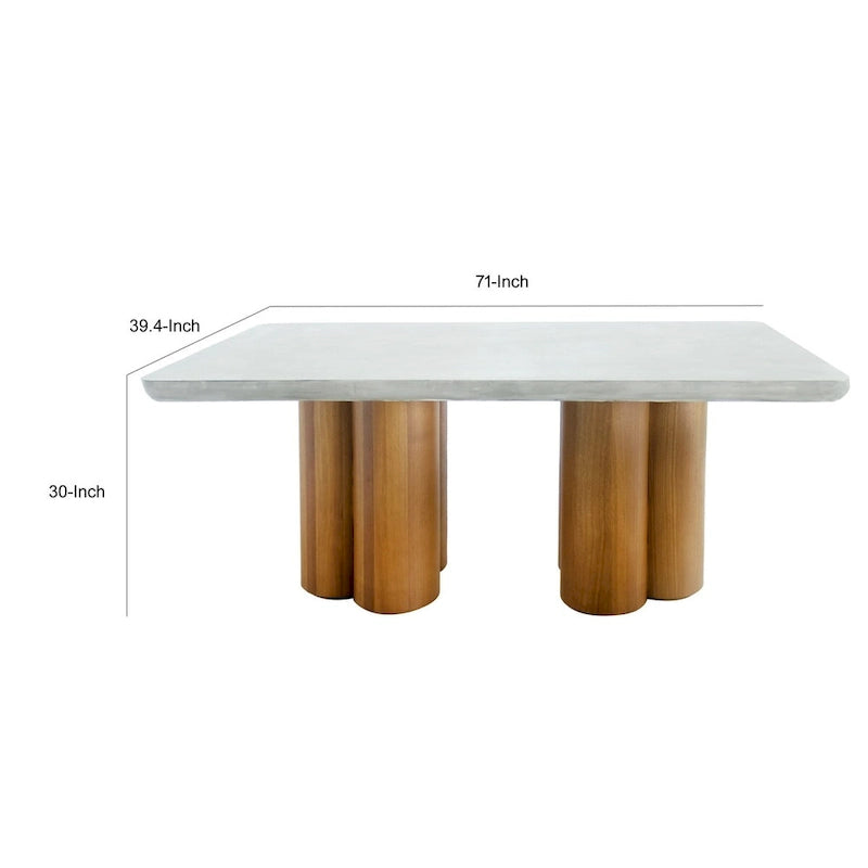 Cid Ziv 71 Inch Dining Table, Rectangular Gray Faux Concrete, Pillar Base