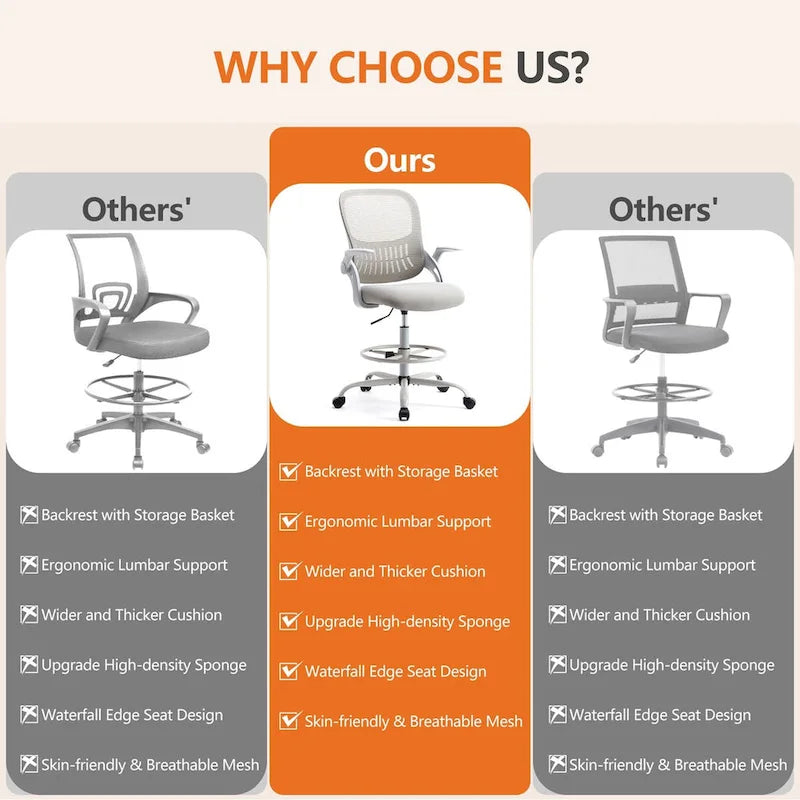Drafting Tall Office Chair Ergonomic High Desk Chair with Flip-up Armrests