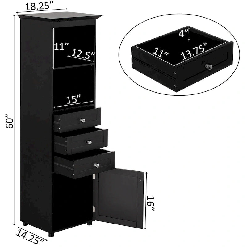 Tall Freestanding Storage Organizer Linen Tower, Vanity Closet, Bathroom Cabinet with 2 Open shelves, 3 Drawers, and a Closet