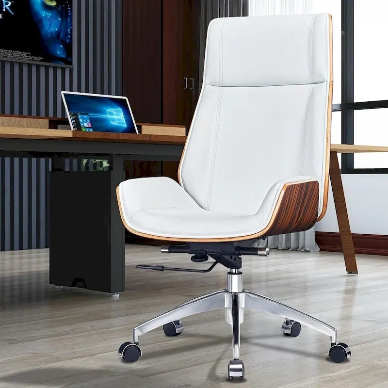 Genuine Leather High Back Executive Office Chair in Solid Walnut Wood