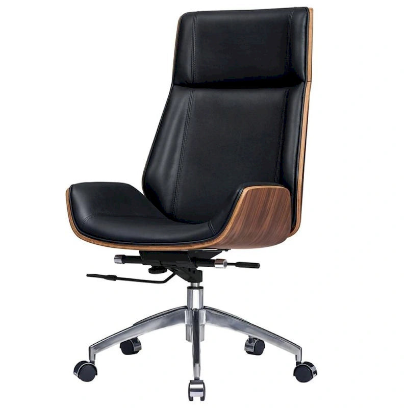 Genuine Leather High Back Executive Office Chair in Solid Walnut Wood