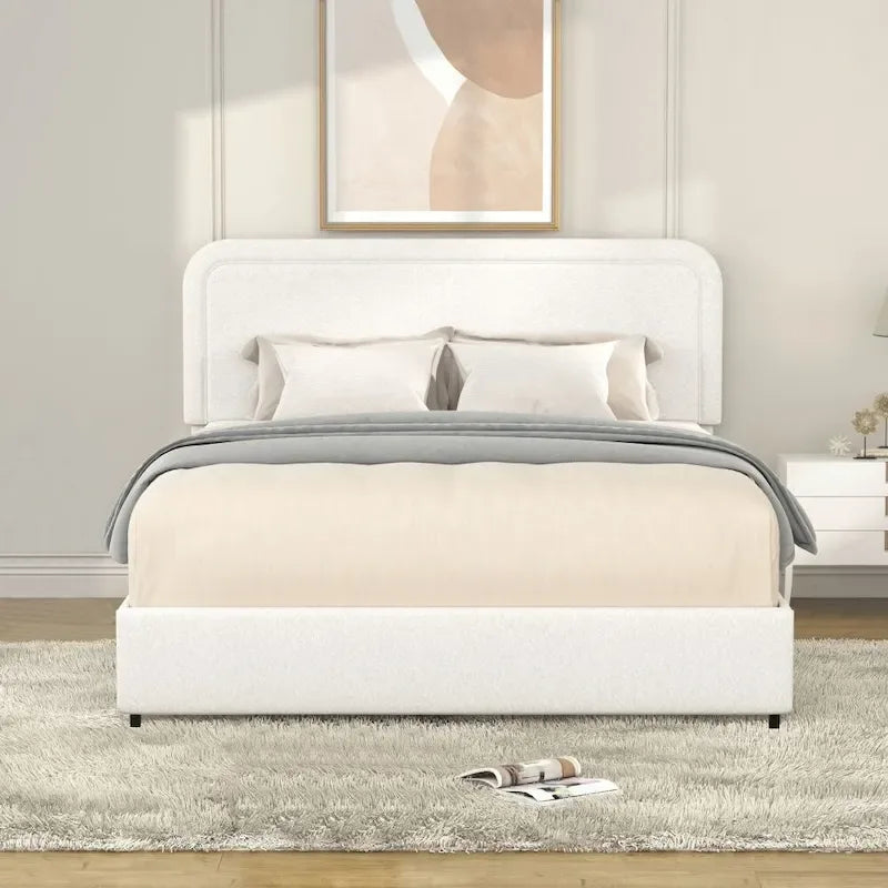 Queen Size Ivory Boucle Upholstered Platform Bed