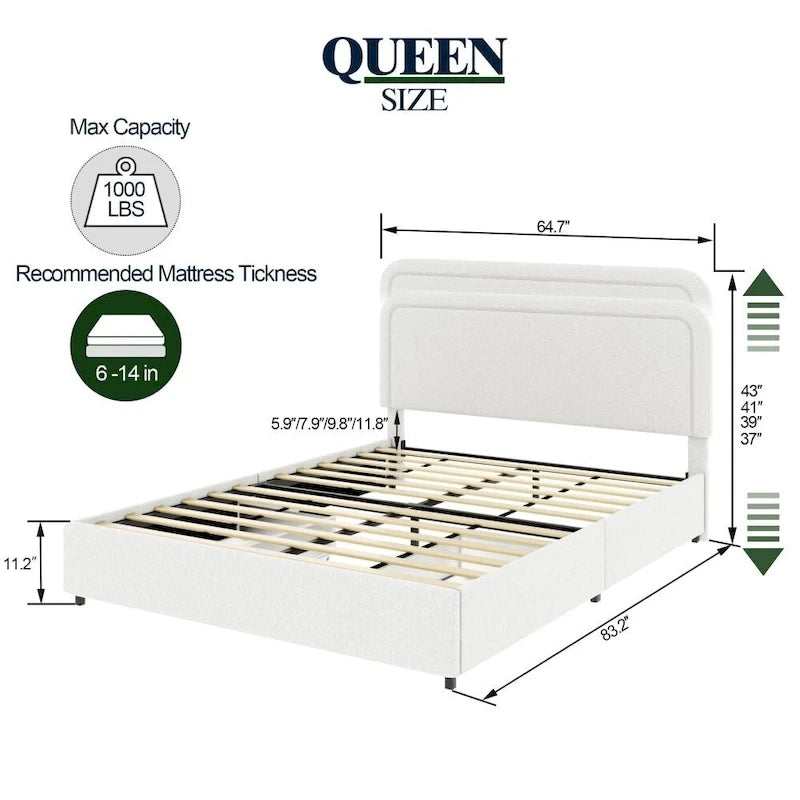 Queen Size Ivory Boucle Upholstered Platform Bed