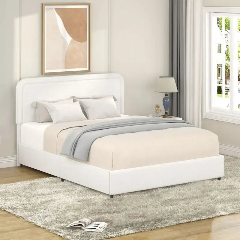 Queen Size Ivory Boucle Upholstered Platform Bed