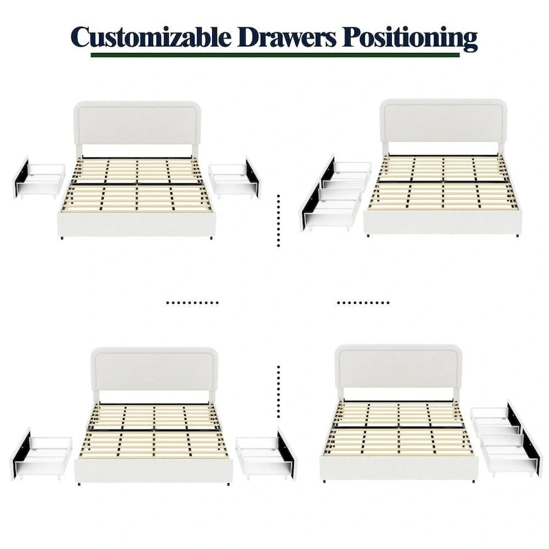 Queen Size Ivory Boucle Upholstered Platform Bed