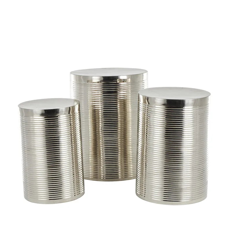 Metal Ribbed or Metallic Ribbed Drum Side End Accent Table - Set of 3 Silver or Gold - Roche River Decor