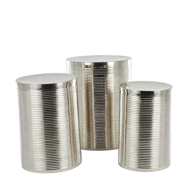Metal Ribbed or Metallic Ribbed Drum Side End Accent Table - Set of 3 Silver or Gold - Roche River Decor