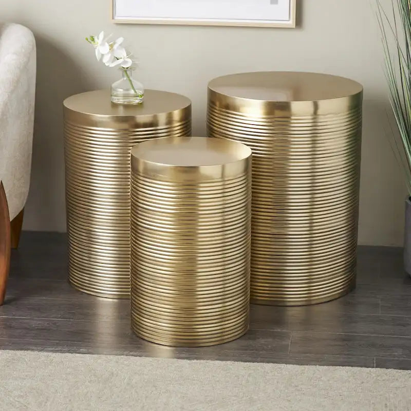 Metal Ribbed or Metallic Ribbed Drum Side End Accent Table - Set of 3 Silver or Gold - Roche River Decor