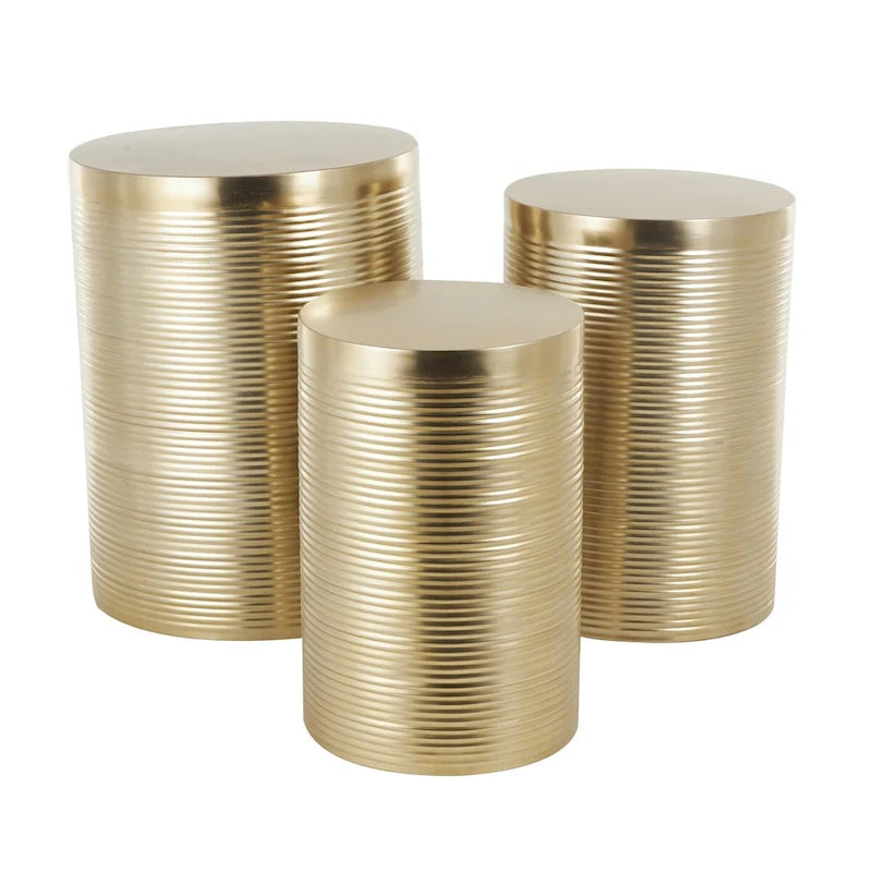 Metal Ribbed or Metallic Ribbed Drum Side End Accent Table - Set of 3 Silver or Gold - Roche River Decor