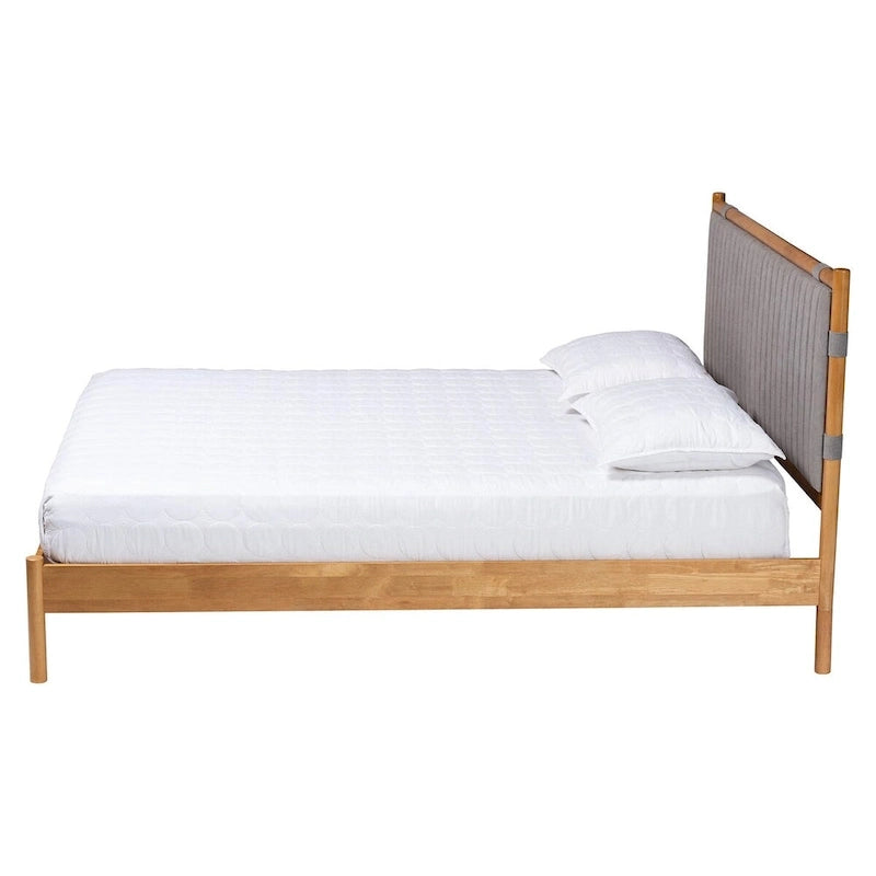 Jaiana Mid-Century Grey Fabric and Oak Brown Wood Queen Size Bed